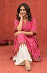 Festive- Pink Patola Asymmetrical Kaftan & Straight Pants Set with Shell Work