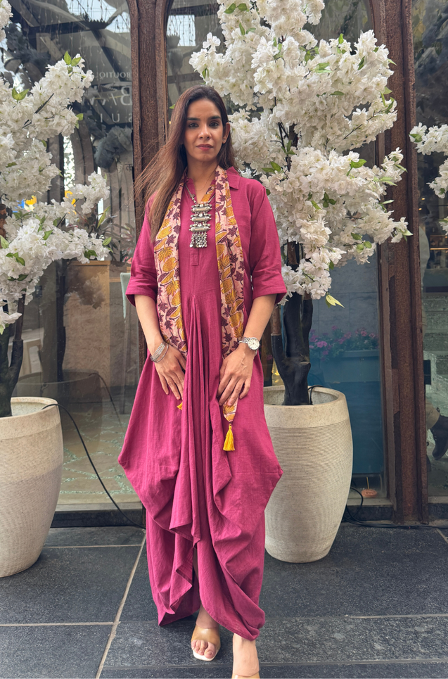 Rozana-Beetroot Cotton Slub Elegant Fusion Drape  Dress