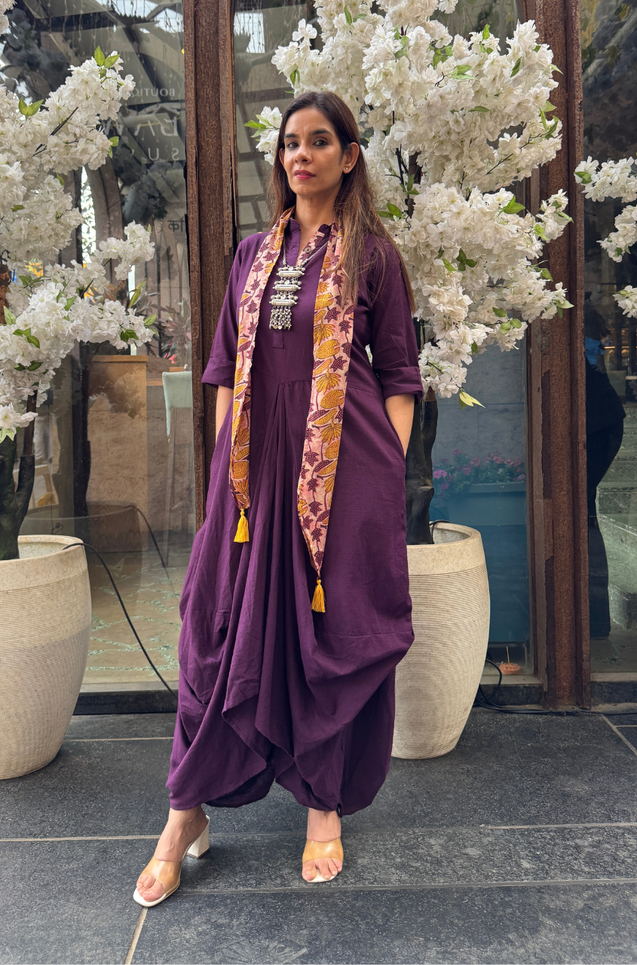 Rozana- Wine Cotton Slub Elegant Fusion  Drape  Dress