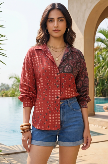 AURA-Red and Brown  Printed Oversized Shirt