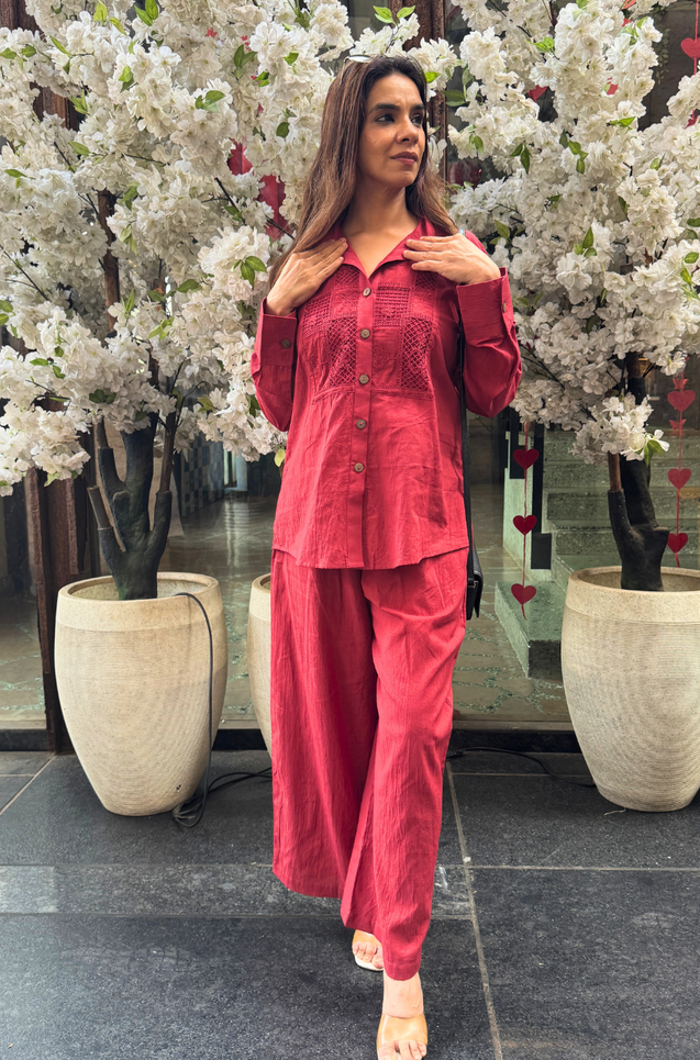 Rozana - Brick Red Cutwork Co-ord Set