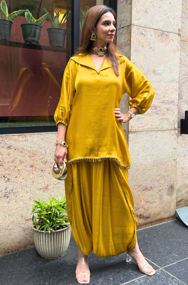 Festive Luxe- MustardYellow Top with Dhoti Skirt Set