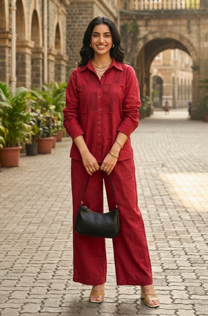Rozana - Brick Red Cutwork Co-ord Set