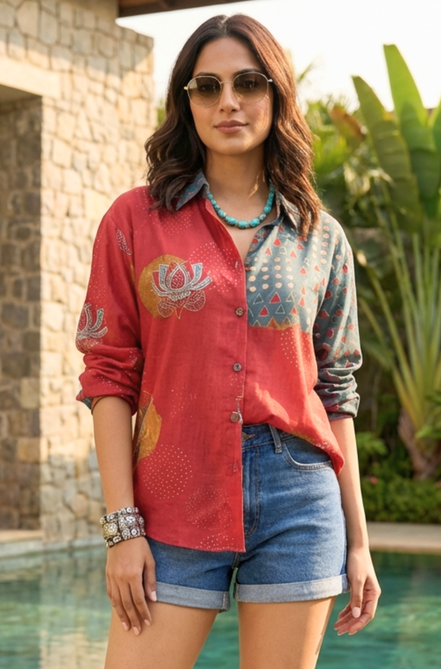 AURA-Red and Blue Lotus Printed Shirt