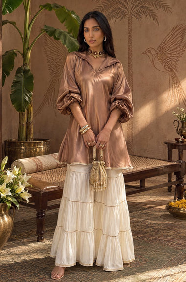 Mizaaj- Mocha Brown Tunic Sharara Set