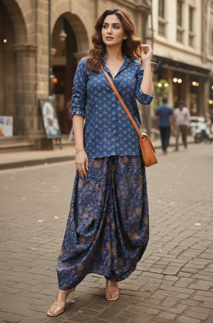 ROZANA- Blue Printed Drape Skirt With Short Shirt
