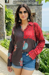 AURA-Brown and Red Lotus Printed Oversized Shirt