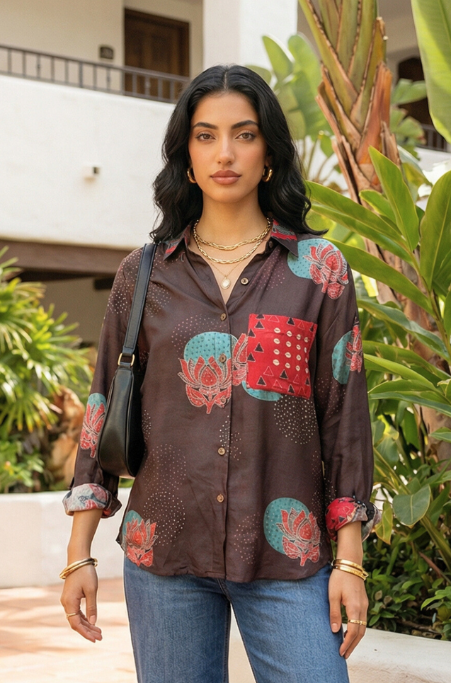 AURA-Brown Pocket Printed Shirt
