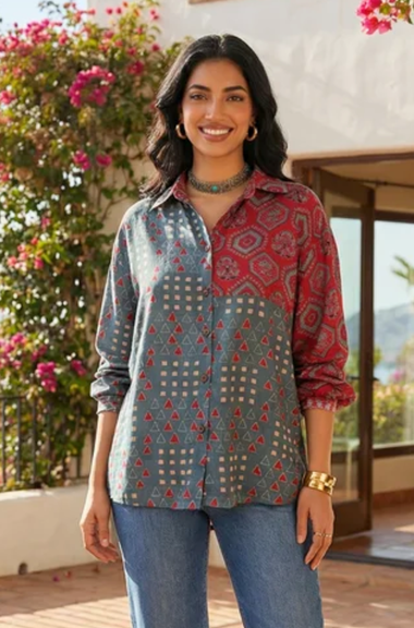 AURA-Blue and Red  Printed Oversized Shirt