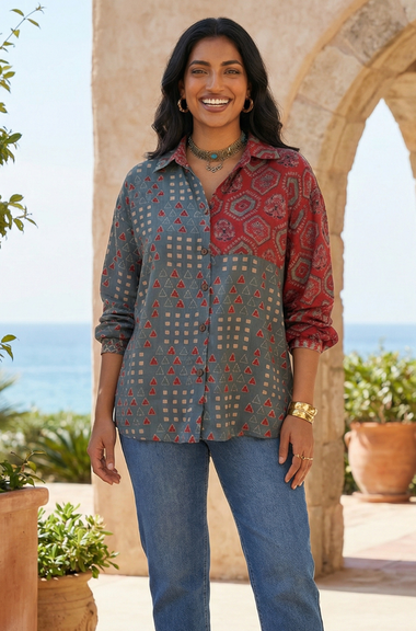 AURA-Blue and Red  Printed Oversized Shirt