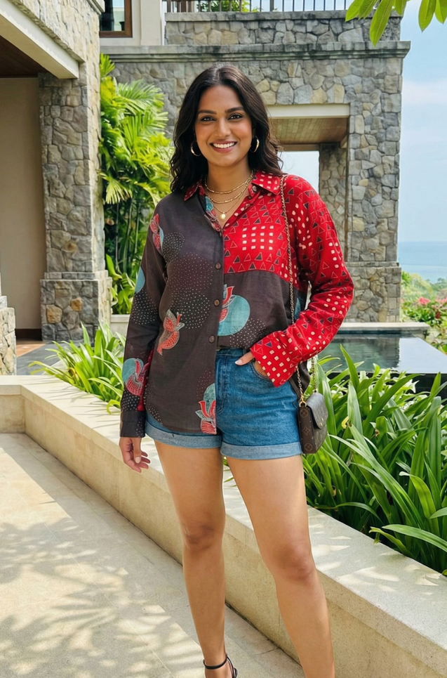 AURA-Brown and Red Lotus Printed Oversized Shirt