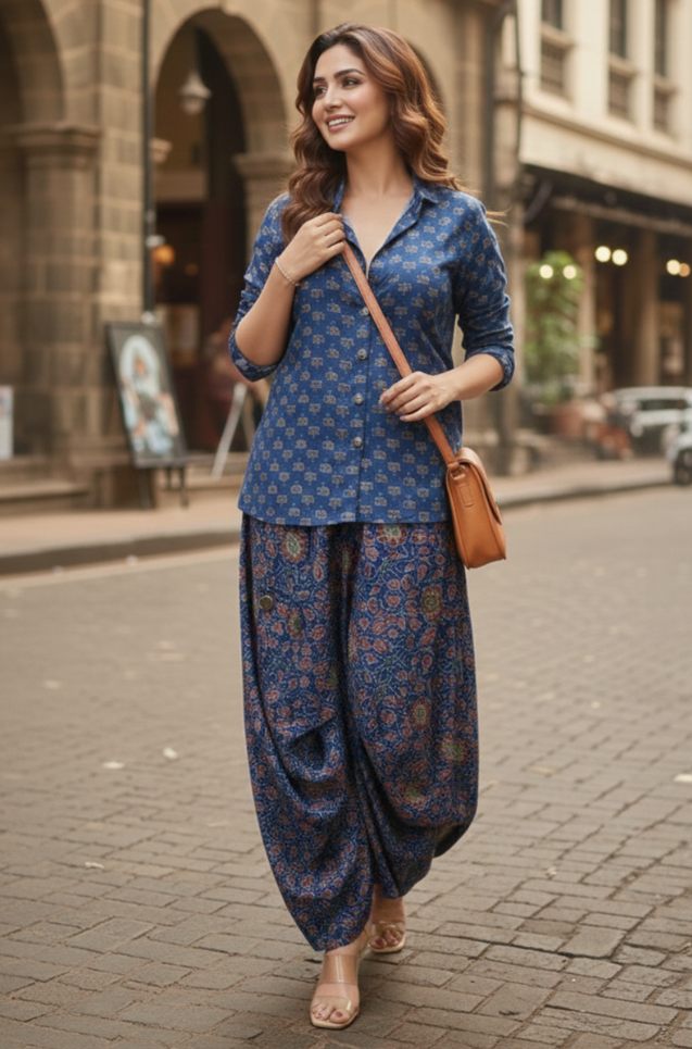 ROZANA- Blue Printed Drape Skirt With Short Shirt
