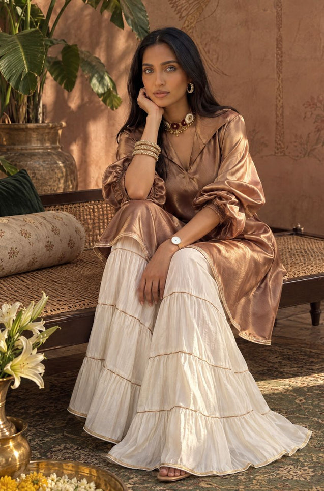 Mizaaj- Mocha Brown Tunic Sharara Set