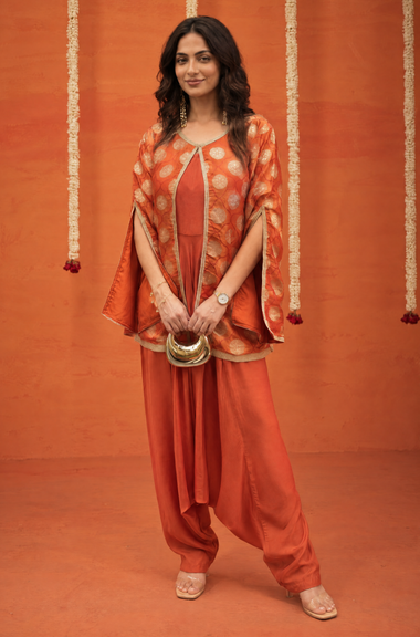 Festive  Rust  Orange Jumpsuit With Cape jacket