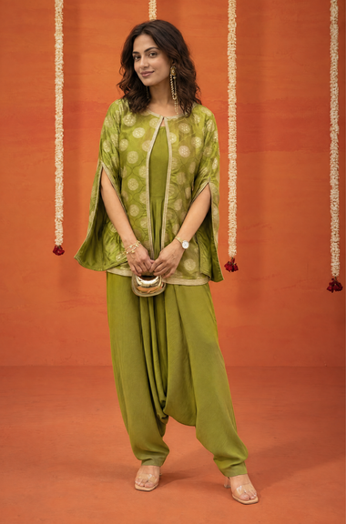 Festive  Lime Green  Jumpsuit With Cape jacket