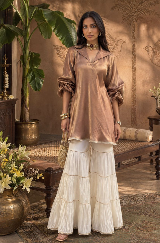 Mizaaj- Mocha Brown Tunic Sharara Set