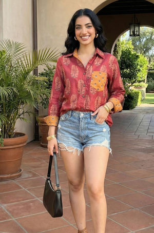 Jazba- Coral Red Leaf Pocket Printed  shirt