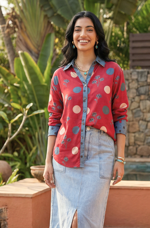 Jazba-Red Polka Bloom Printed  shirt
