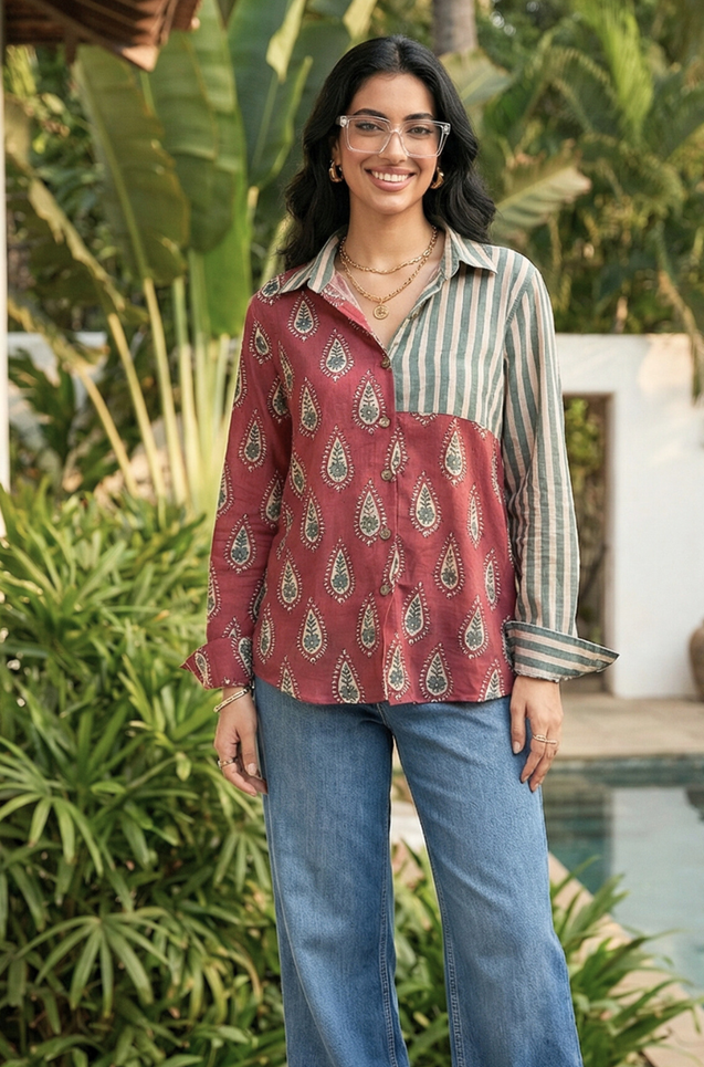 Jazba -Burgandy Dual Printed Stripe Shirt