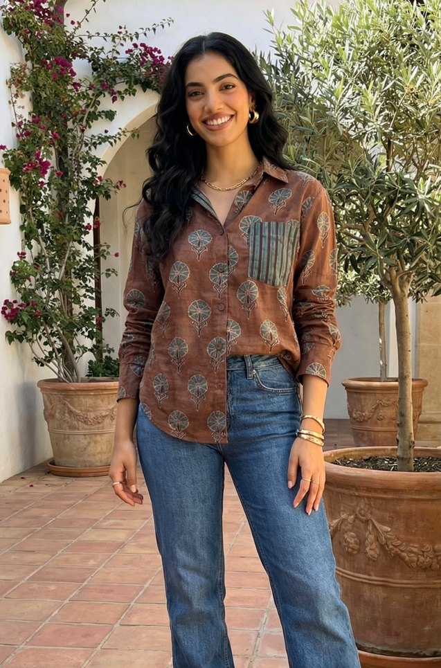 Jazba- Coffee Brown Pocket Printed Shirt