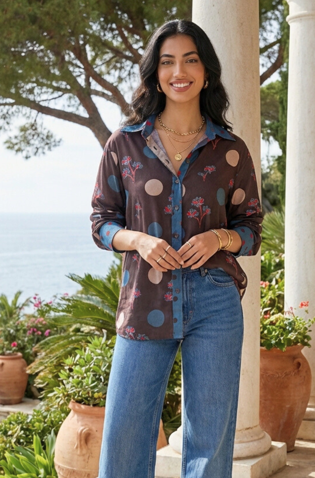 Jazba-Brown Polka Bloom Printed Shirt