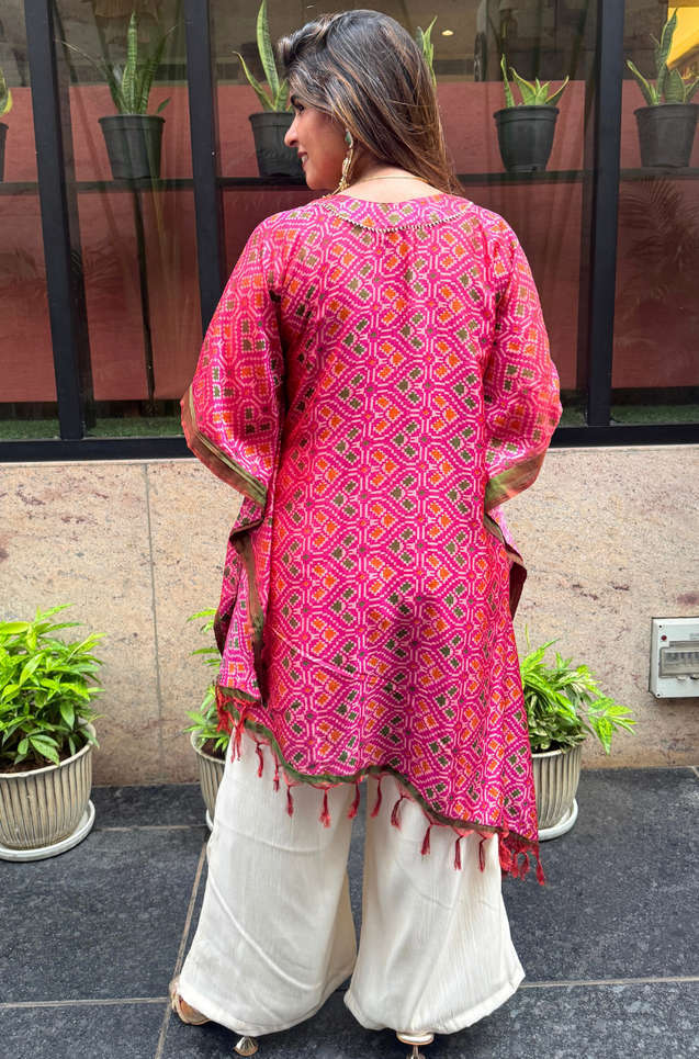 Festive- Pink Patola Asymmetrical Kaftan & Straight Pants Set with Shell Work