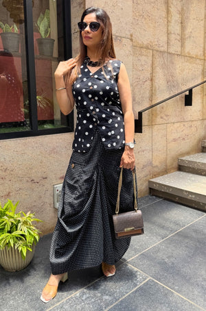 Rozana -  Black and White Polka Drape Skirt Set