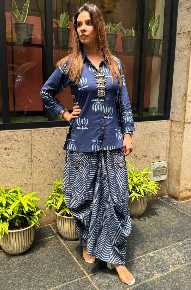Rozana -Indigo Lotus Drape Skirt Set