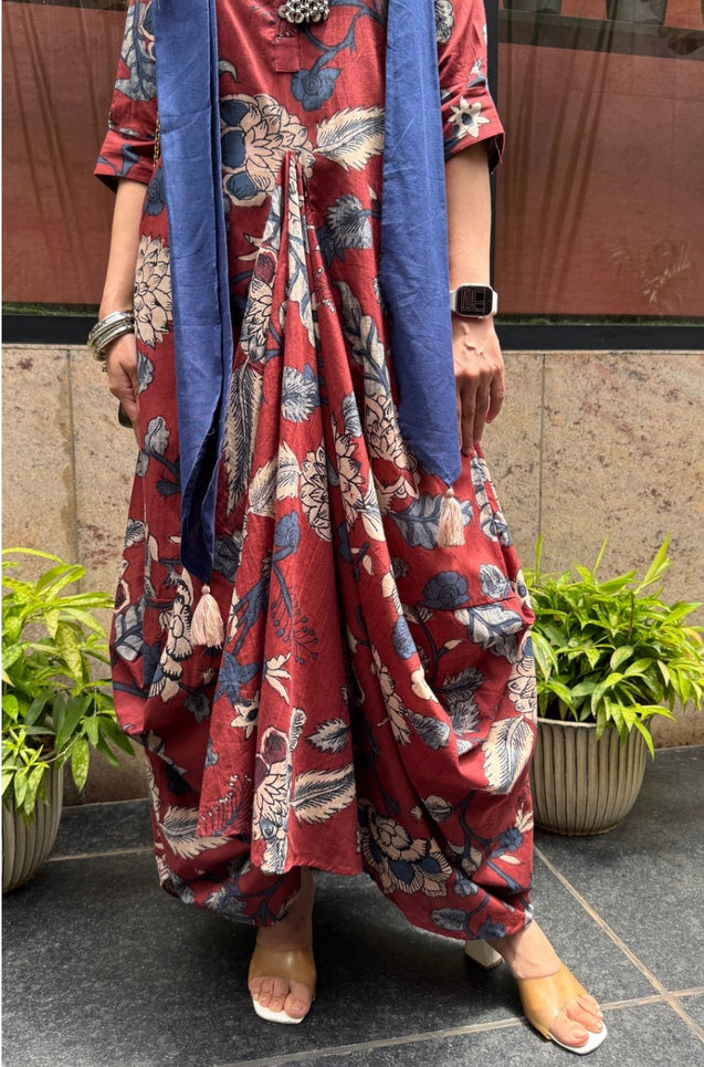Rozana- Red Cotton Elegant Fusion Drape Dress