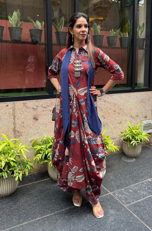 Rozana- Red Cotton Elegant Fusion Drape Dress