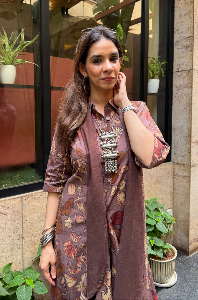 Rozana- Earthy Brown Cotton  Elegant Fusion  Drape  Dress