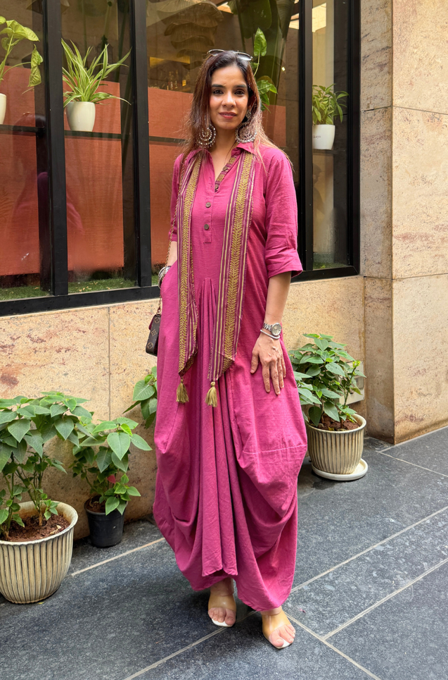 Rozana-Beetroot Cotton Slub Elegant Fusion Drape  Dress