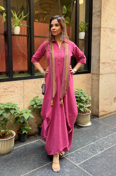 Rozana-Beetroot Cotton Slub Elegant Fusion Drape  Dress