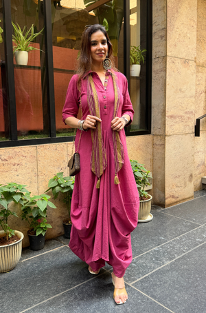 Rozana-Beetroot Cotton Slub Elegant Fusion Drape  Dress
