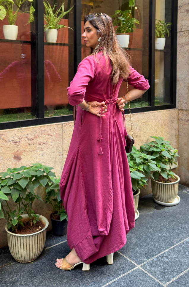 Rozana-Beetroot Cotton Slub Elegant Fusion Drape  Dress