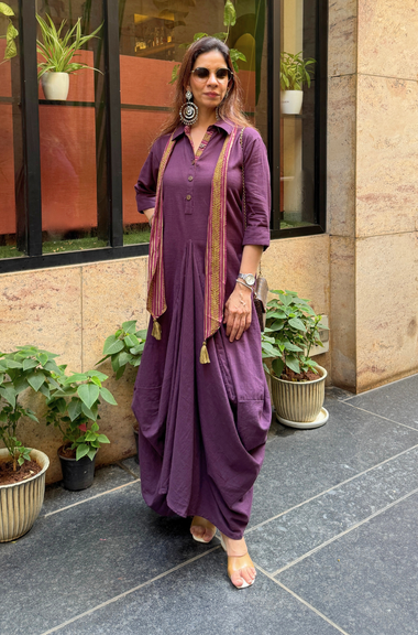 Rozana- Wine Cotton Slub Elegant Fusion  Drape  Dress