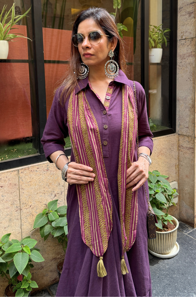 Rozana- Wine Cotton Slub Elegant Fusion  Drape  Dress