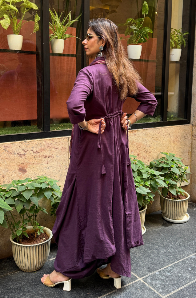 Rozana- Wine Cotton Slub Elegant Fusion  Drape  Dress