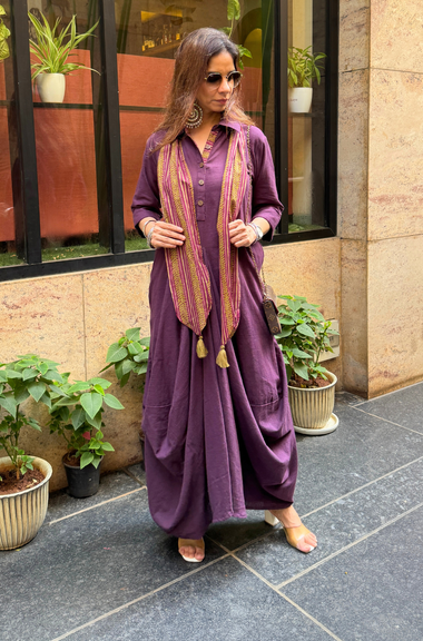 Rozana- Wine Cotton Slub Elegant Fusion  Drape  Dress