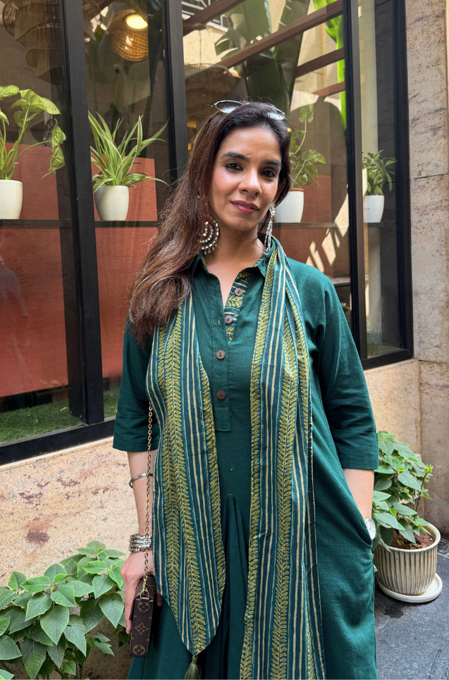 Rozana- Green Cotton Slub Elegant Fusion  Drape  Dress