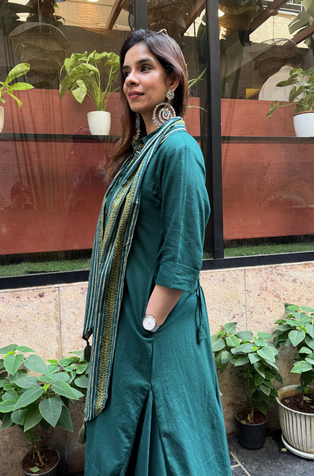 Rozana- Green Cotton Slub Elegant Fusion  Drape  Dress