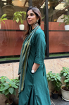 Rozana- Green Cotton Slub Elegant Fusion  Drape  Dress