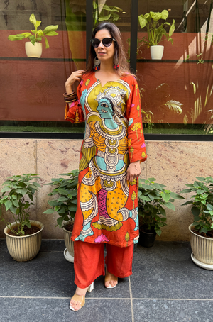 RIWAAYAT REBEL- Folk Inspired Orange Printed Straight Kurta Set With Pants
