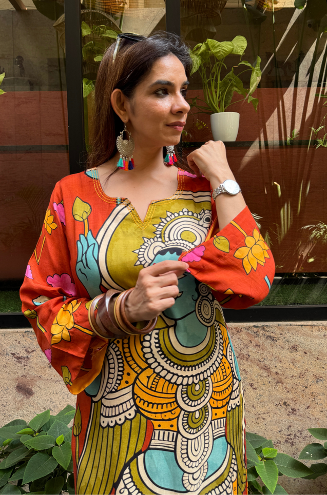 RIWAAYAT REBEL- Folk Inspired Orange Printed Straight Kurta Set With Pants