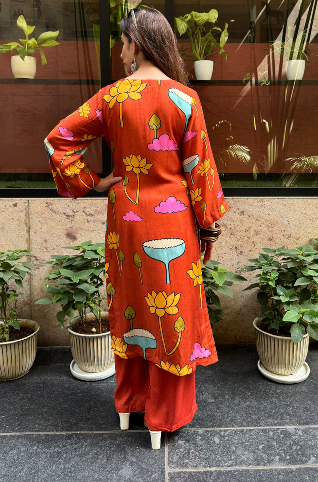 RIWAAYAT REBEL- Folk Inspired Orange Printed Straight Kurta Set With Pants