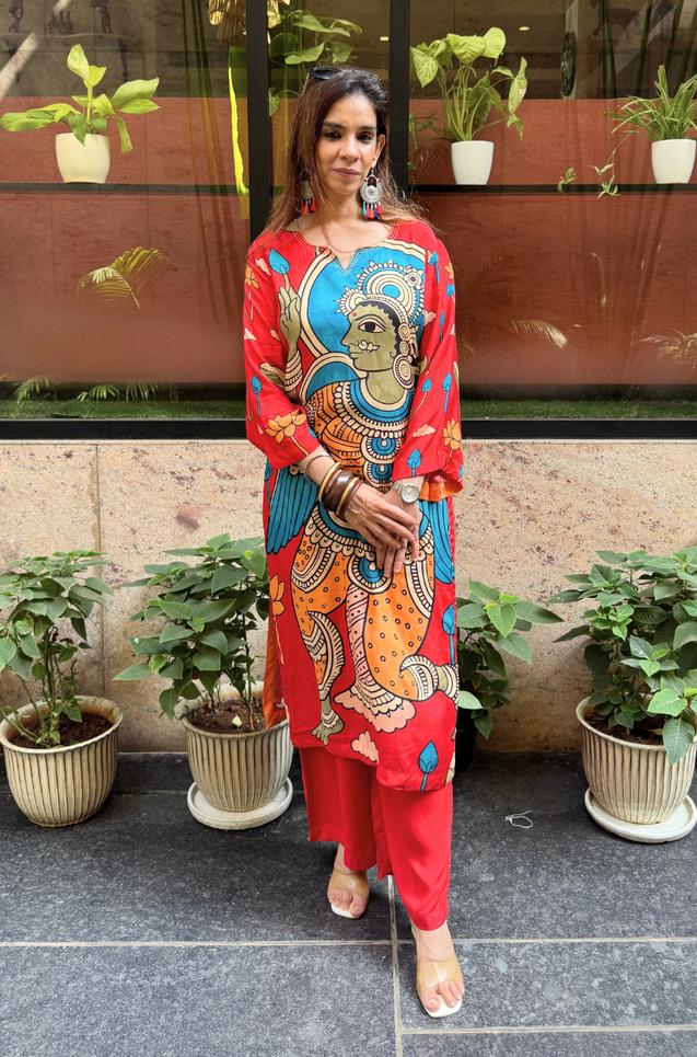 RIWAAYAT REBEL- Folk Inspired Red Printed Straight Kurta Set With Pants