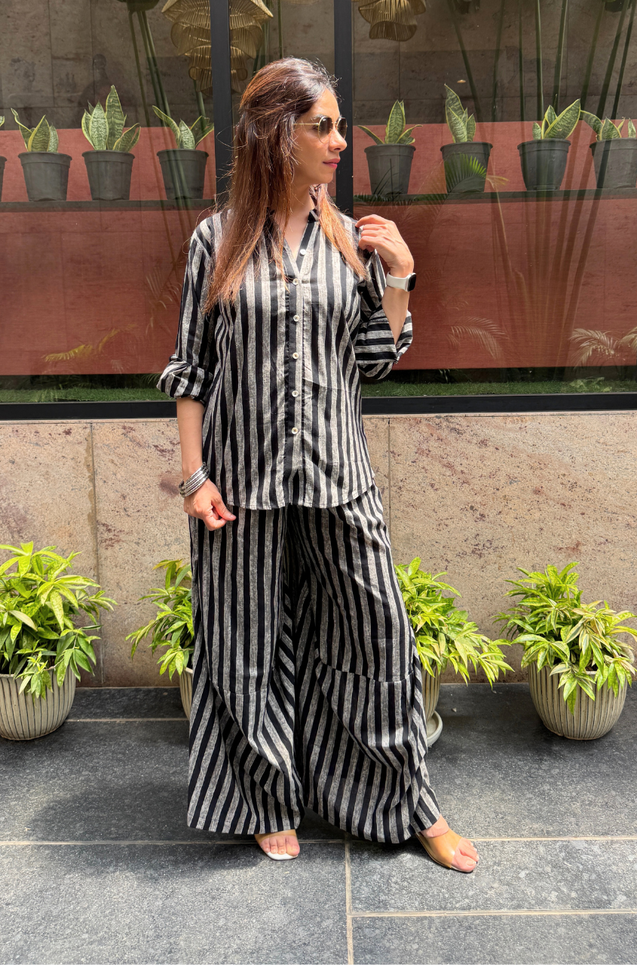 Rozana-Black and Grey Stripes Drape Pants Co-Ord Set (Pre-Order)