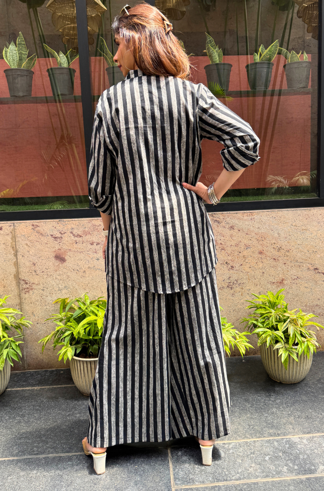 Rozana-Black and Grey Stripes Drape Pants Co-Ord Set (Pre-Order)