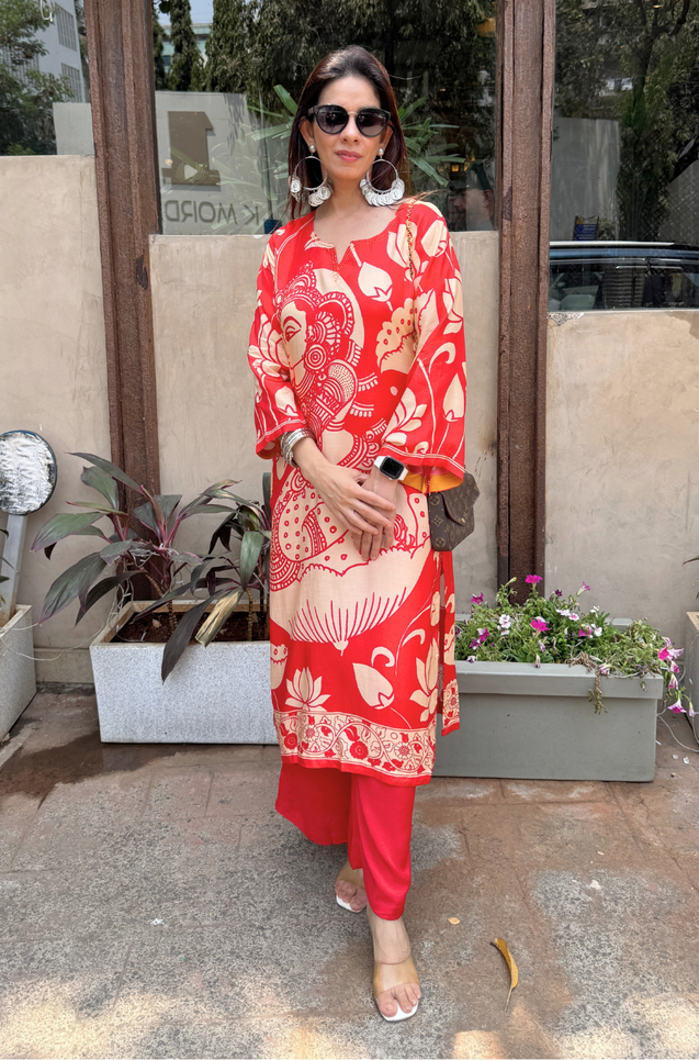 RIWAAYAT REBEL- Folk Art Inspired Red Printed Straight Kurta Set With Pants