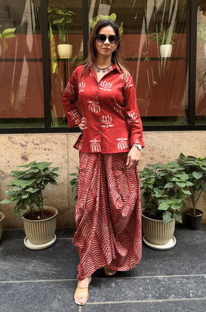 ROZANA- Red Lotus Drape Skirt Set